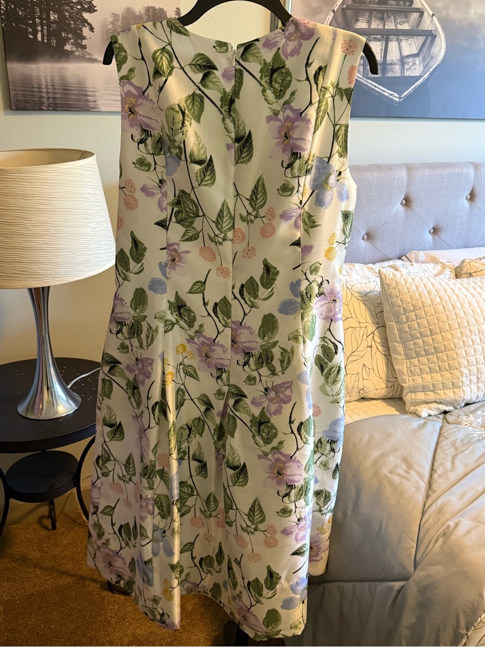 Kasper Cream Midi Dress with Green Leaves and Lavender Blossoms
